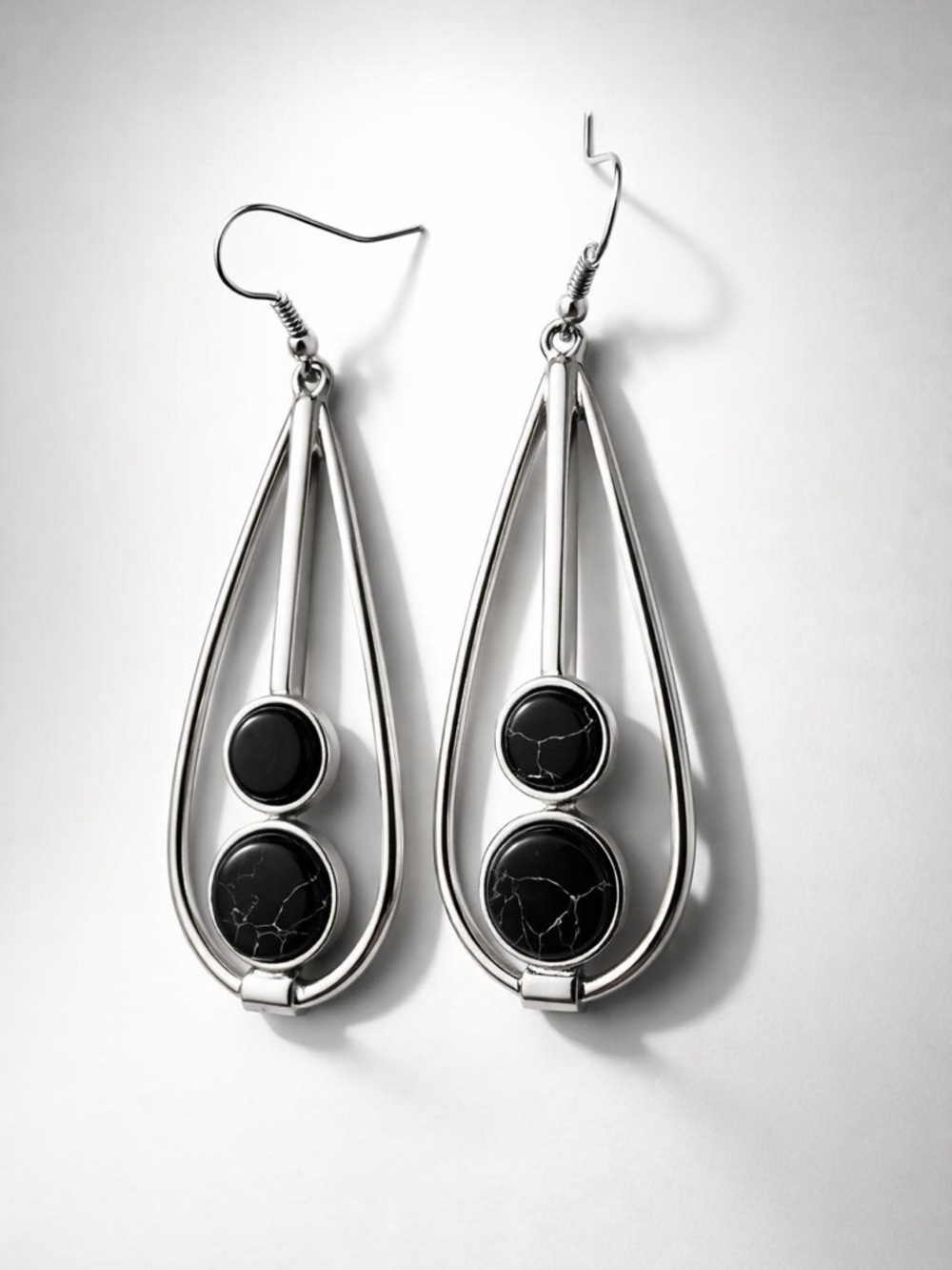 Minimalist Silver Teardrop Earrings with Black Faux Crackle Stone
